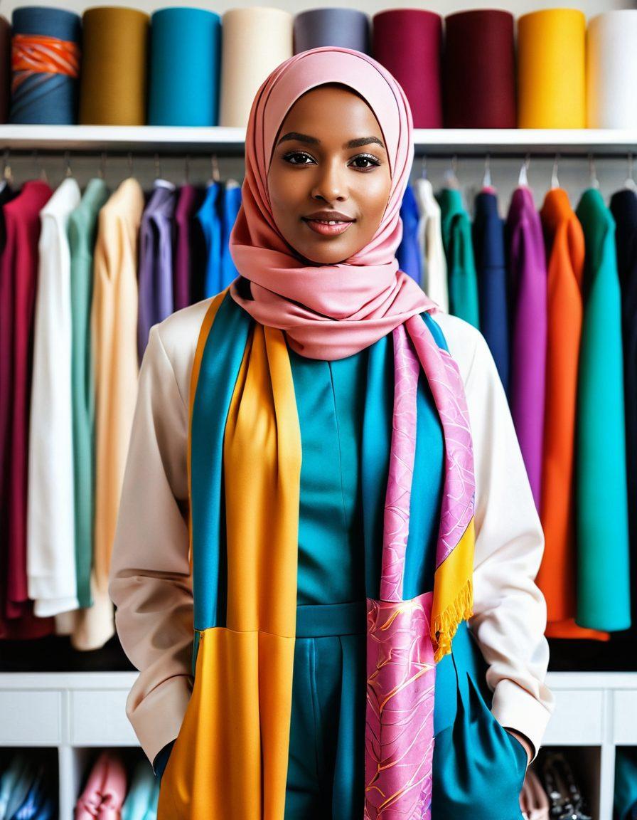 A stylish woman wearing a vibrant hijab and chic outfit, surrounded by colorful garments and accessories that emphasize joy and individuality. The scene is bright and inviting, showcasing various trendy hijab styles draped elegantly on mannequins or hanging in a boutique setting. Soft natural light filters in, enhancing the sense of warmth and creativity. Include playful elements like fabric swatches and fashion sketches in the background. vivid colors. super-realistic.