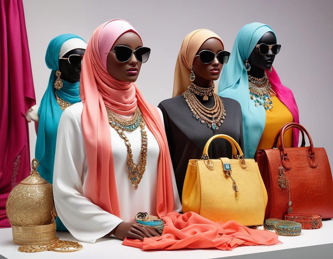 A stunning array of stylish hijabs in various vibrant colors draped elegantly on a mannequin, surrounded by chic accessories like statement earrings, necklaces, and fashionable handbags. The background features a modern boutique setting with bright lighting, giving a trendy vibe. Focus on the textures of the fabrics and the sparkle of the accessories. super-realistic. vibrant colors. white background.