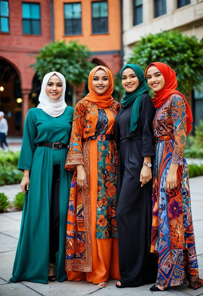 A diverse group of fashionable women wearing stylish hijabs in an urban setting, showcasing intricate patterns and vibrant colors. They are smiling and exuding confidence, surrounded by trendy city architecture and greenery. The scene captures a lively atmosphere, emphasizing elegance and modesty in clothing with the latest fashion trends. Bright lighting enhances the details of the fabrics and styles. vibrant colors. super-realistic.